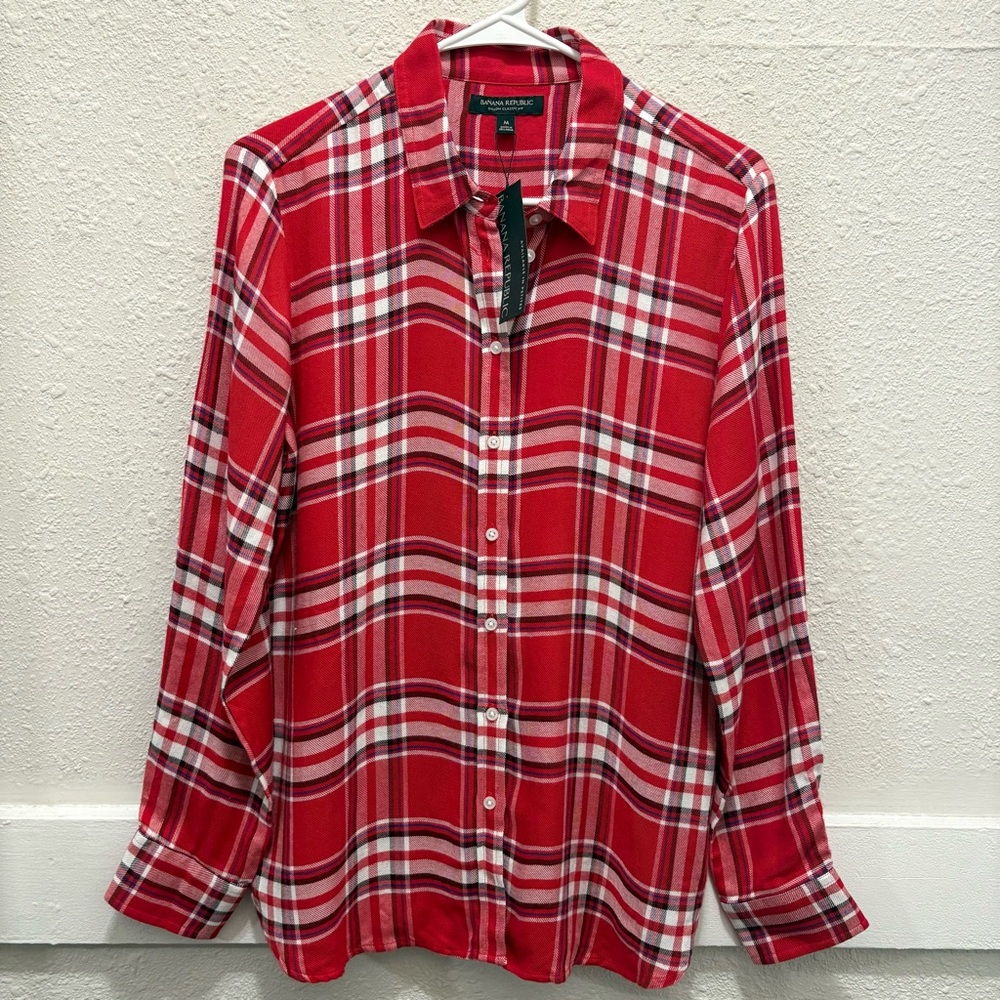 Banana Republic Dillion Classic-Fit Flannel Button Down Shirt in Red Plaid NWT M